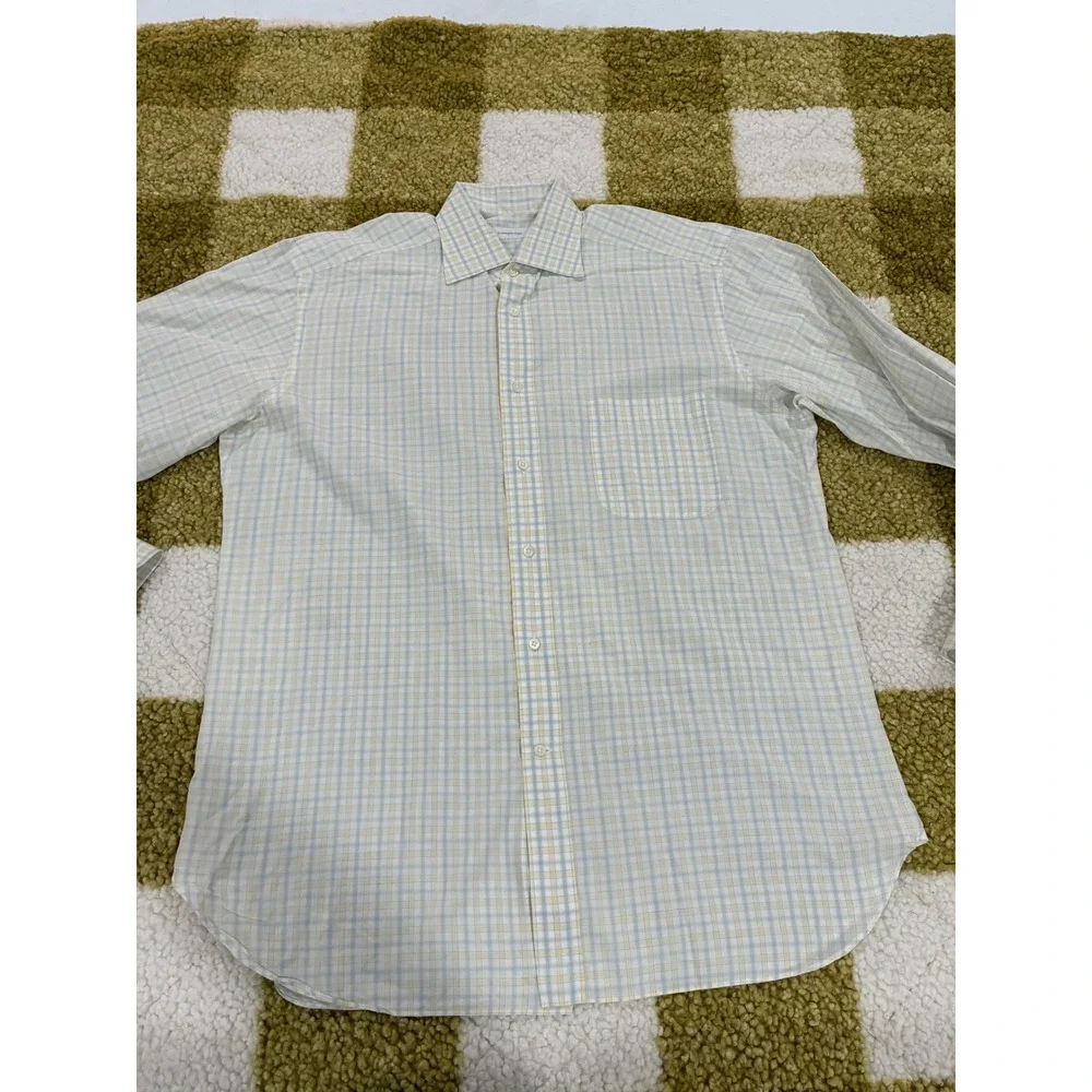 Ermenegildo Zegna Mens Plaid Button Down Shirt Blue Yellow Cotton Size 16 41